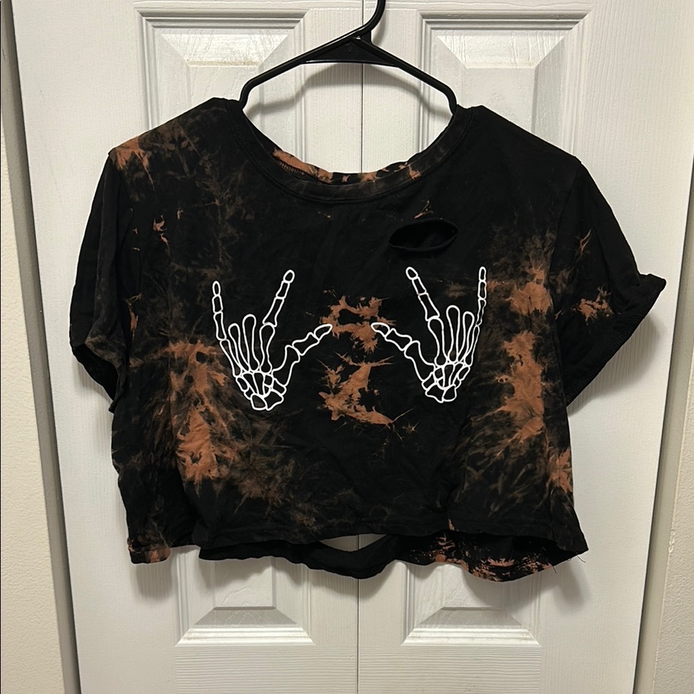 Black and Brown Tie-Dye Crop Top with Skeleton Hands